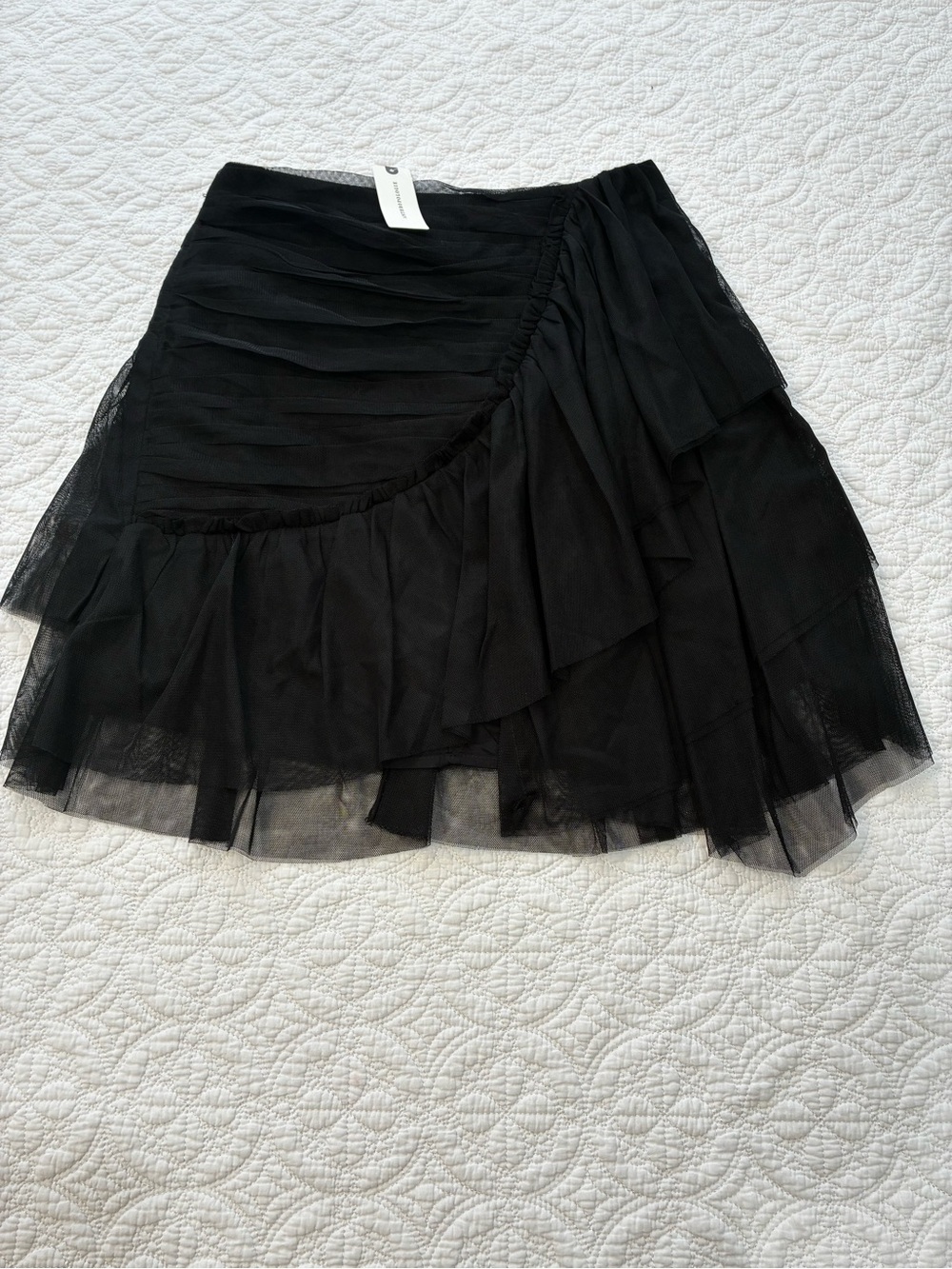 NWT Anthropologie Ruched Mesh Tiered Asymmetric Mini Skirt Black 2 Y2K Goth